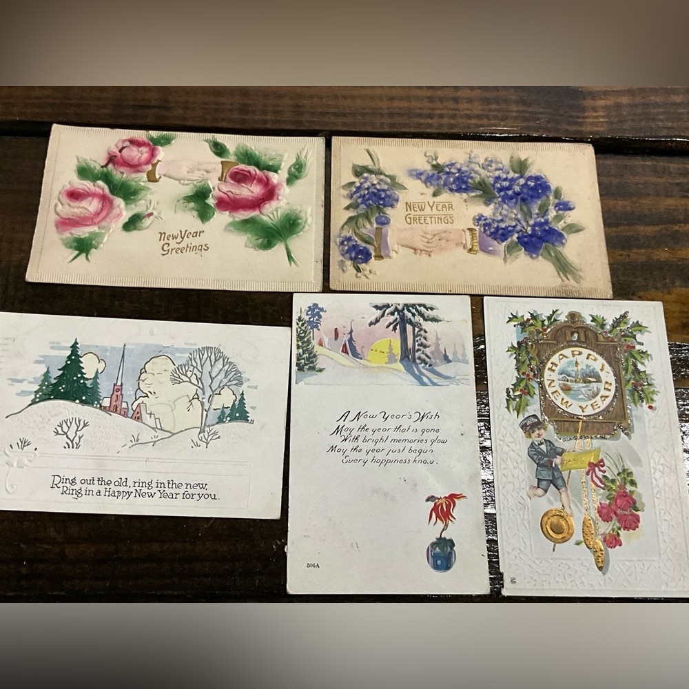 Antique Lot of 5 New Year’s Postcards Greetings Mica Gold Flowers Scrapbooking
